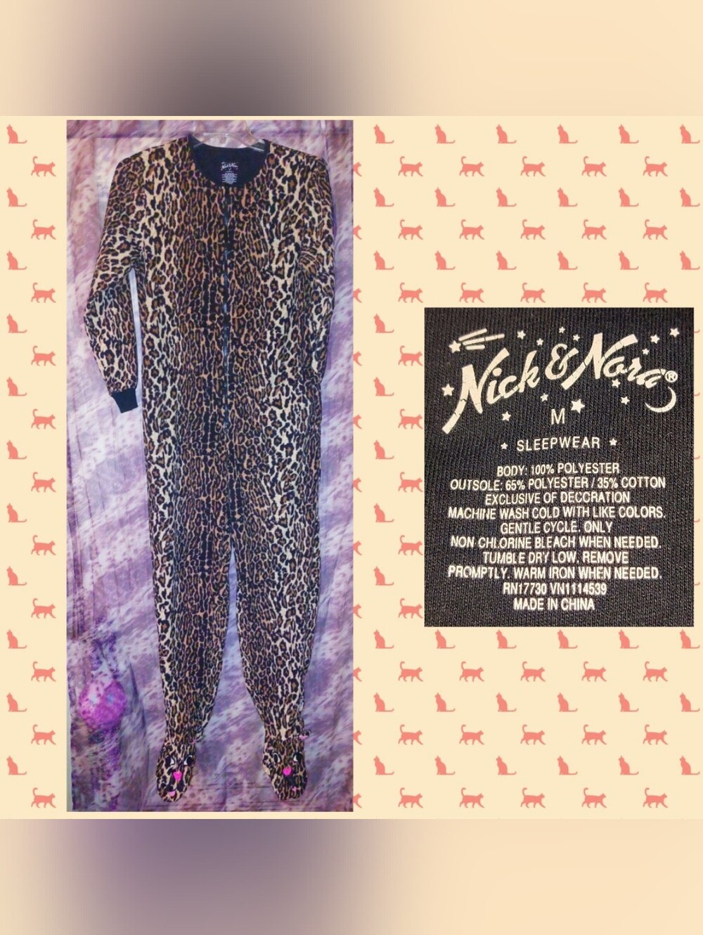 Nick & Nora Brown/Tan/Multiclr Leopard Print Adult Knit Fleece Adult Onesie Sz M